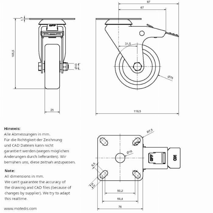 Rueda Placa Ø75mm con freno - NUEVO