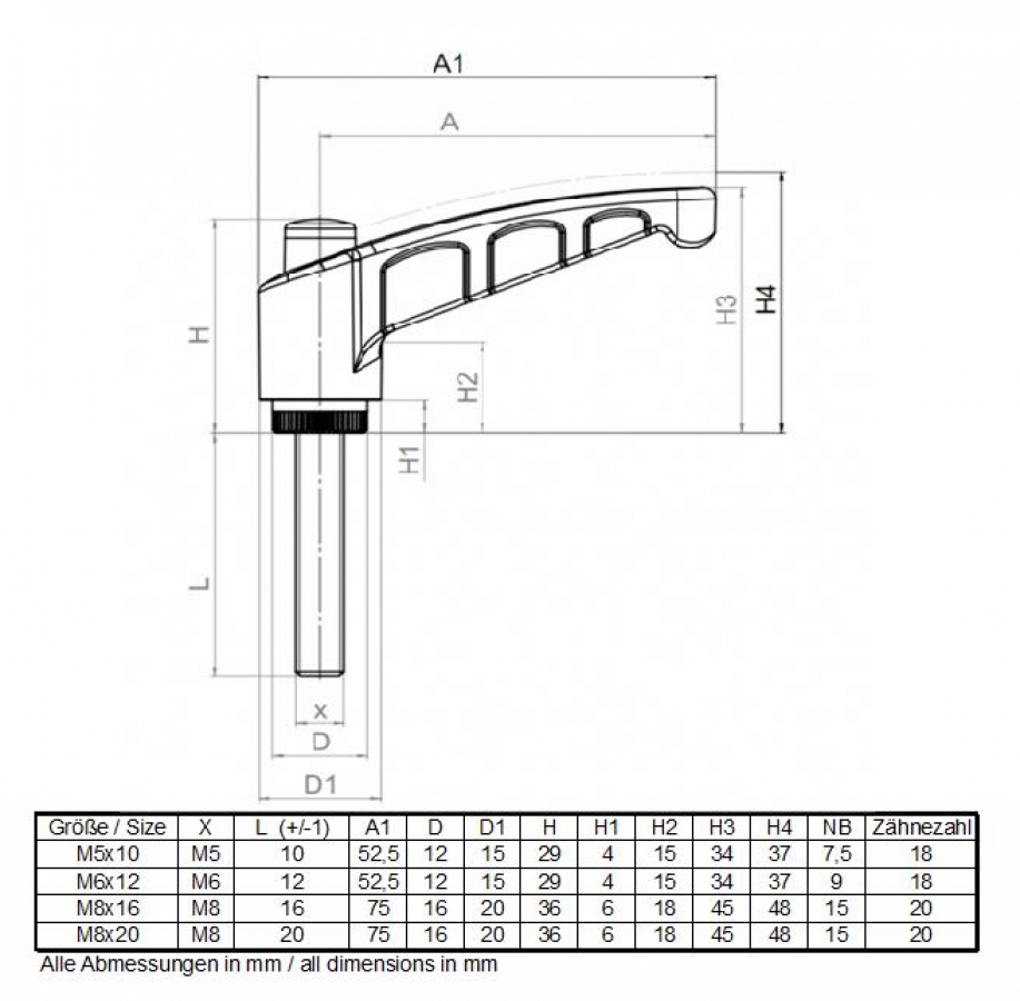 Locking Lever with external thread M8x35 made of plastic and steel