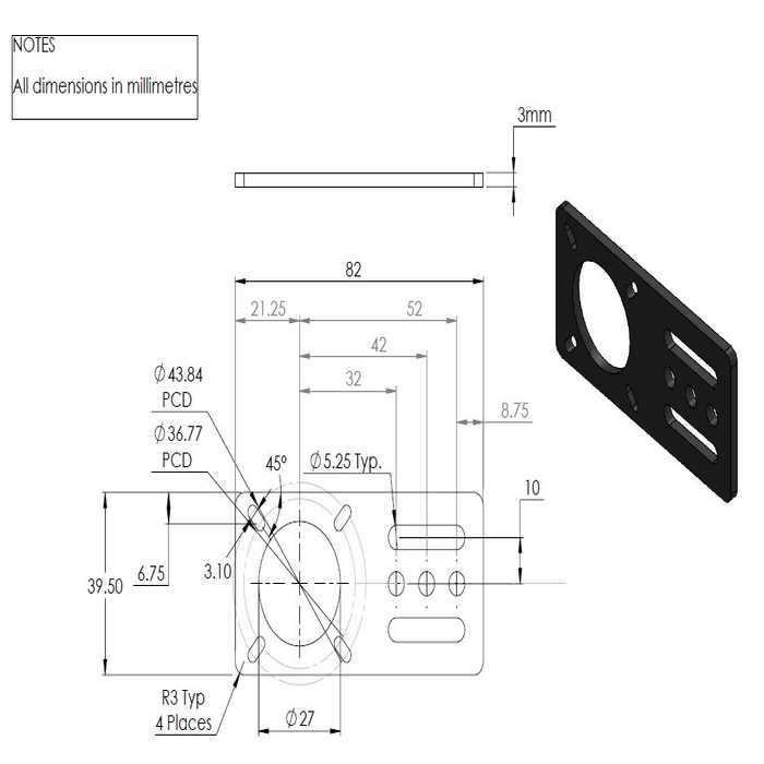 Placa soporte del motor NEMA 17, Laser cut, t=3mm