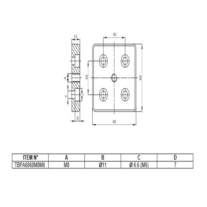 Transport and Base Plate Aluminium 60x60 I-Type slot 6[M8]