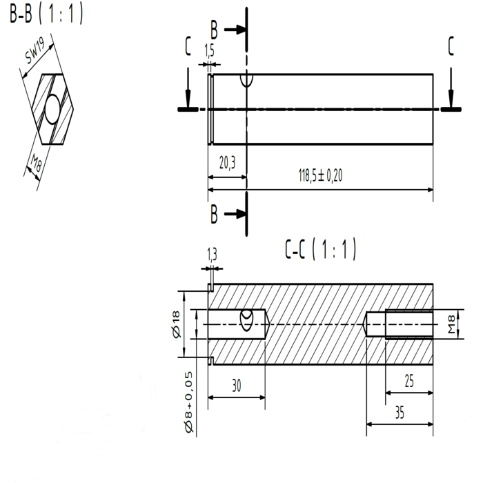 Axe hexagone en acier SW19 L=118,5mm - M8